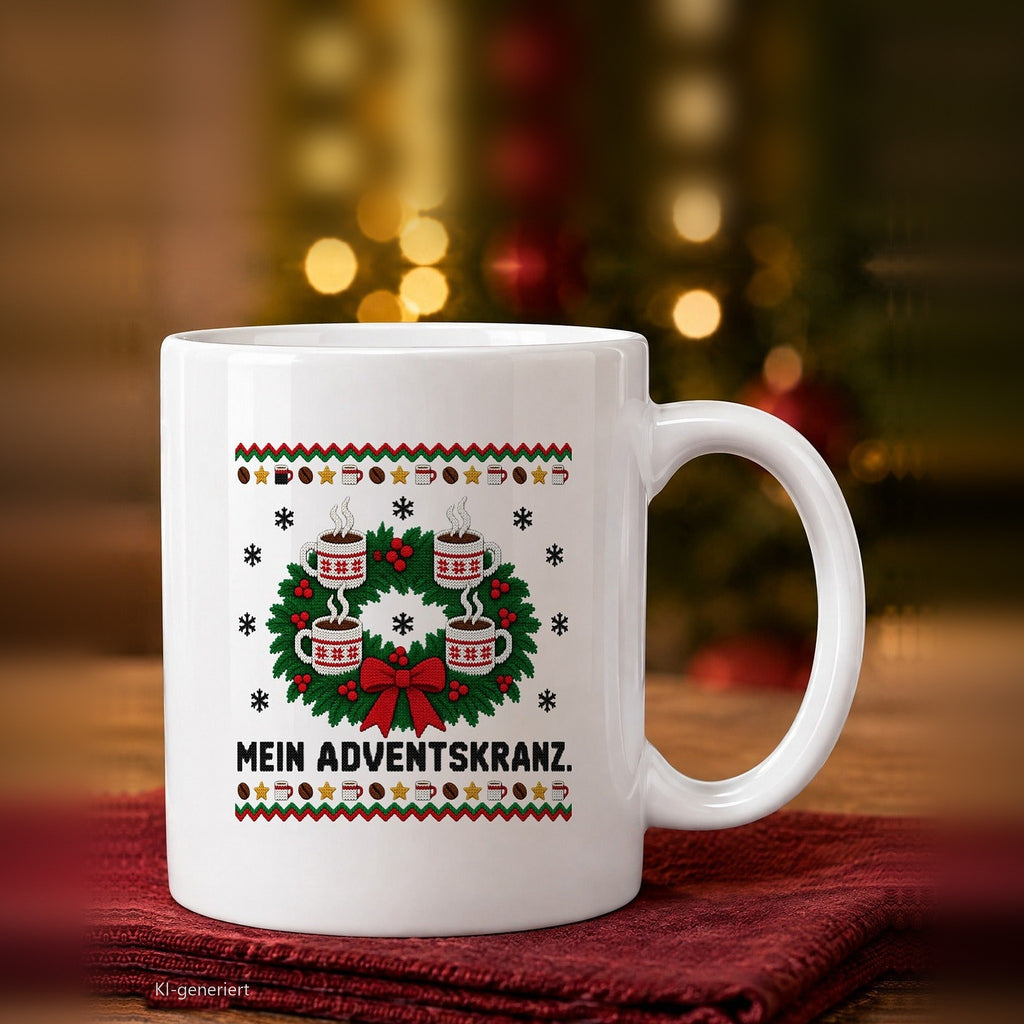 Weihnachtstasse Mein Adventskranz vor dem Tannenbaum - lustige Tasse mit Ugly-Christmas-Motiv