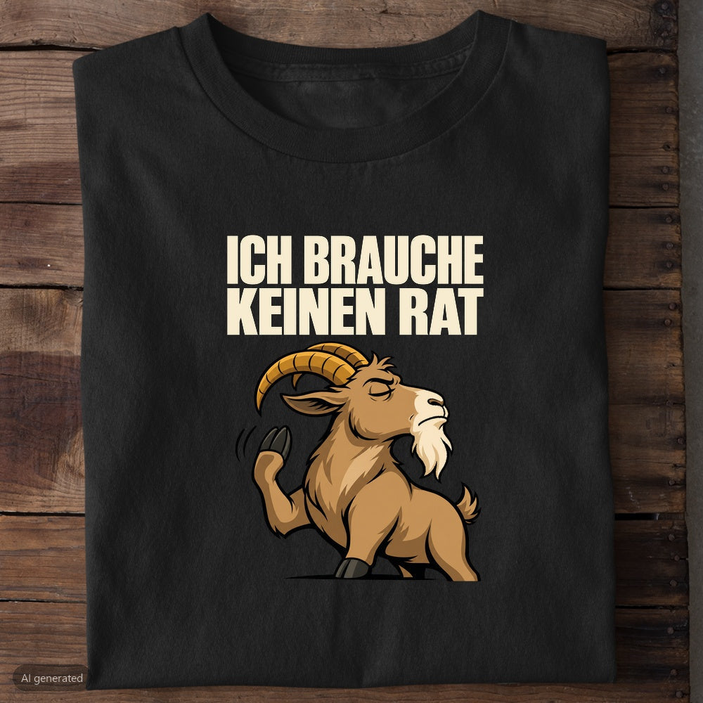 Schwarzes Bio-T-Shirt mit Ziegenbock und Spruch Ich brauche keinen Rat