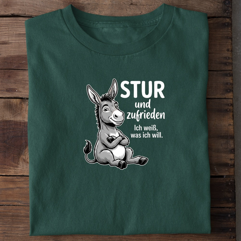 Unisex Bio-T-Shirt von Beyond Humor mit sturem Esel und dem Spruch 'Stur und zufrieden'