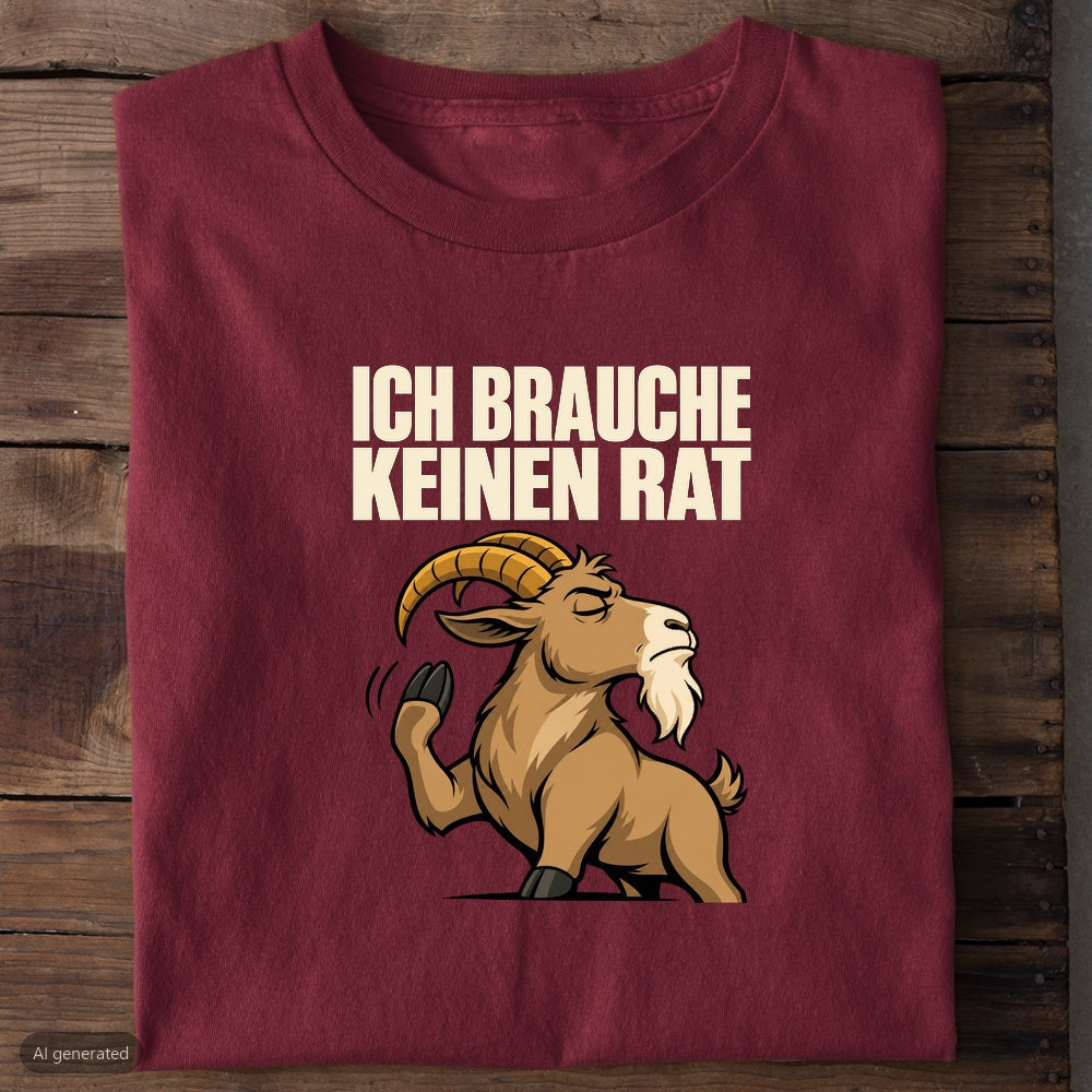Burgunderrotes Bio-T-Shirt mit Ziegenbock und Spruch Ich brauche keinen Rat