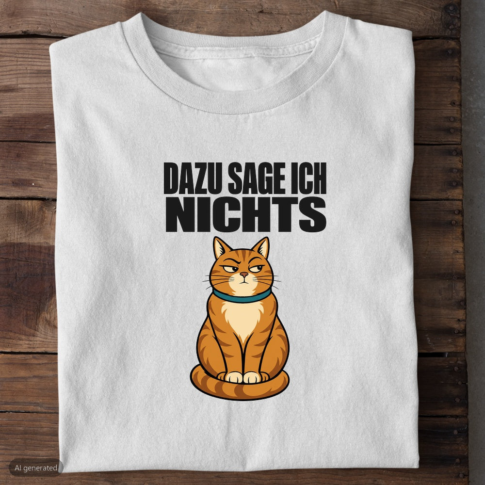 Weißes Bio-T-Shirt mit Katze und Spruch Dazu sage ich nichts
