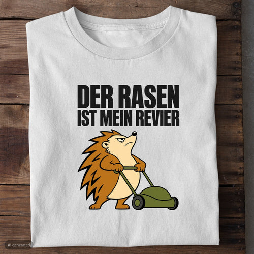 Weißes Bio-T-Shirt mit Igel am Rasenmäher und Spruch Der Rasen ist mein Revier
