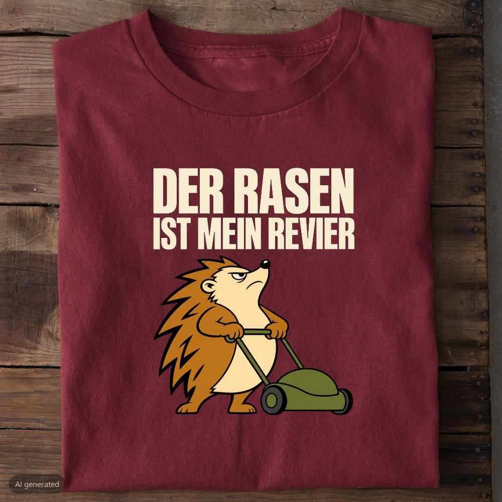 Burgunderrotes Bio-T-Shirt mit Igel am Rasenmäher und Spruch Der Rasen ist mein Revier