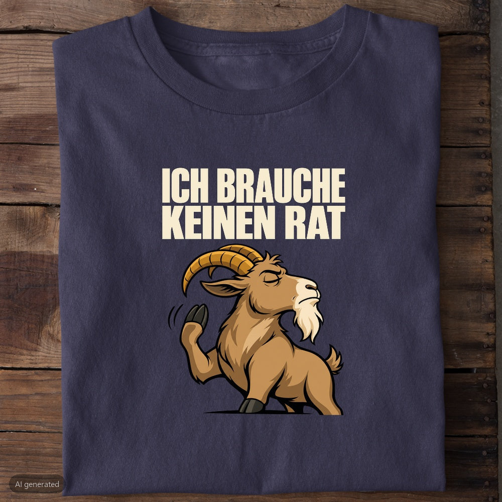 Dunkelblaues Bio-T-Shirt mit Ziegenbock und Spruch Ich brauche keinen Rat