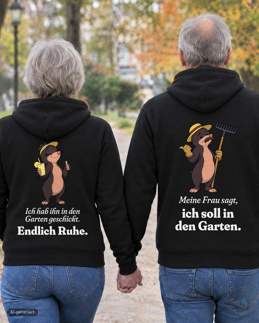 Rentnerpaar von hinten in passenden Hoodies „Endlich Ruhe / Ab in den Garten“ – KI-generiert
