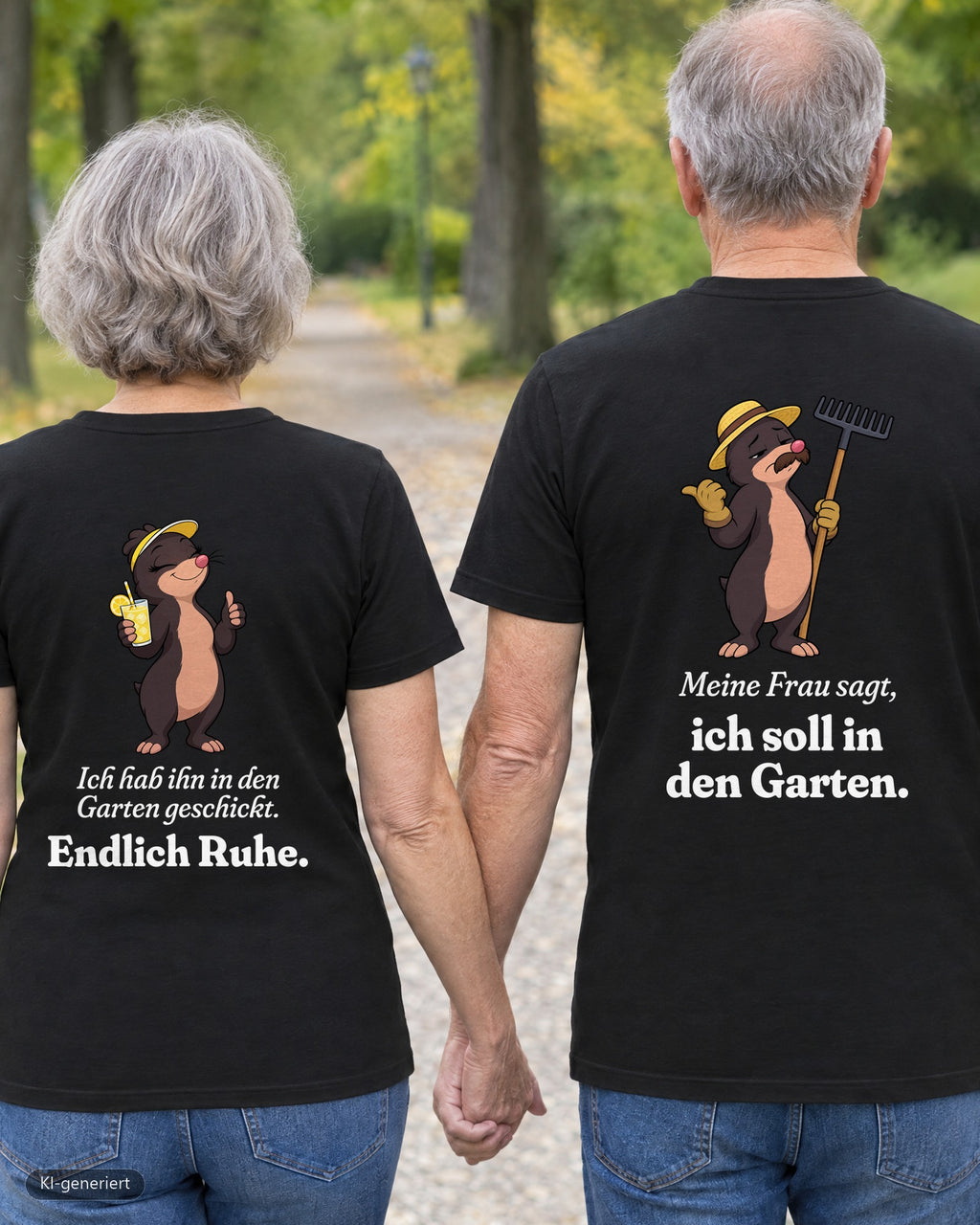 Rentnerpaar von hinten in passenden T-Shirts „Endlich Ruhe / Ab in den Garten“ – KI-generiert
