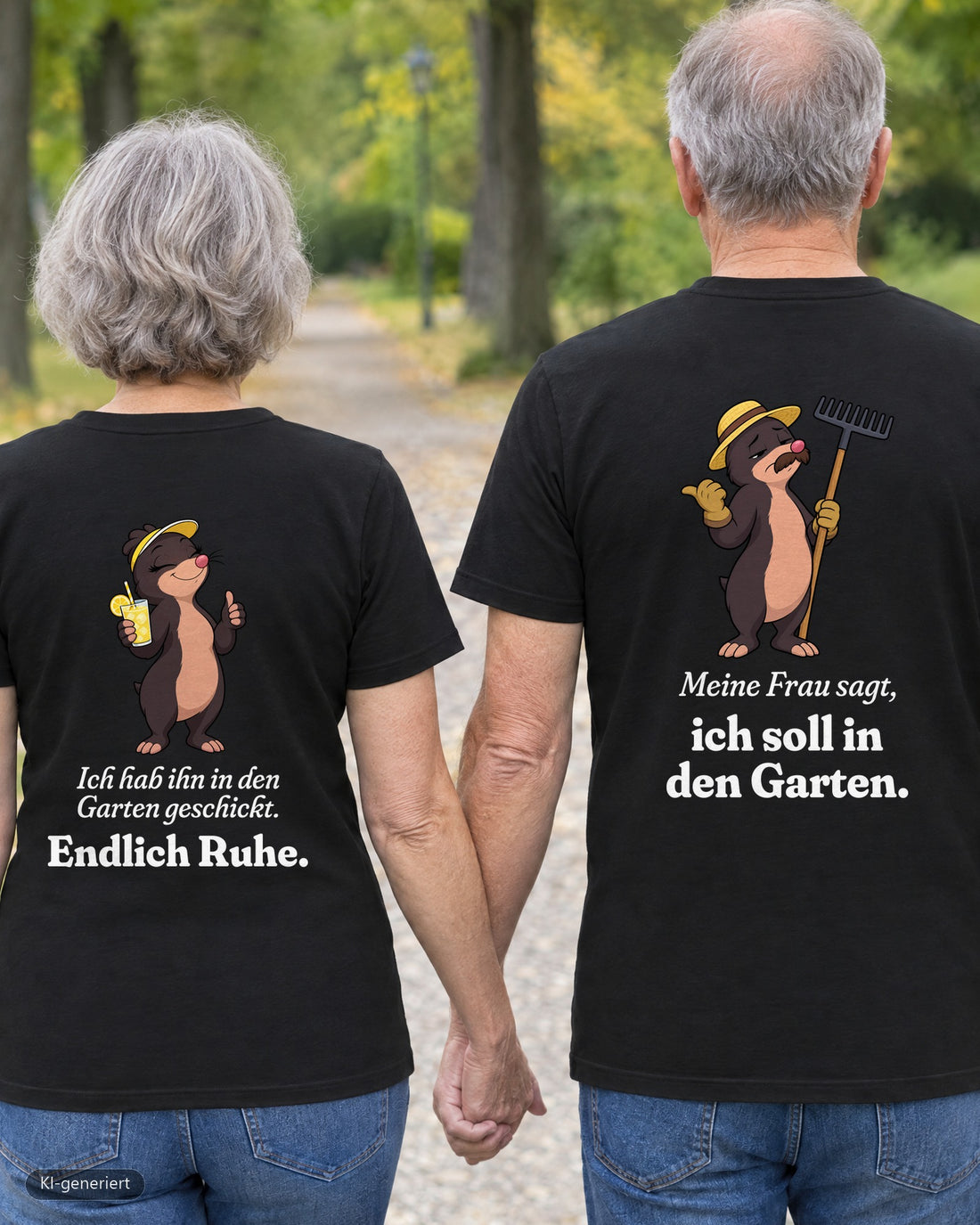 Rentnerpaar von hinten in passenden T-Shirts „Endlich Ruhe / Ab in den Garten“ – KI-generiert