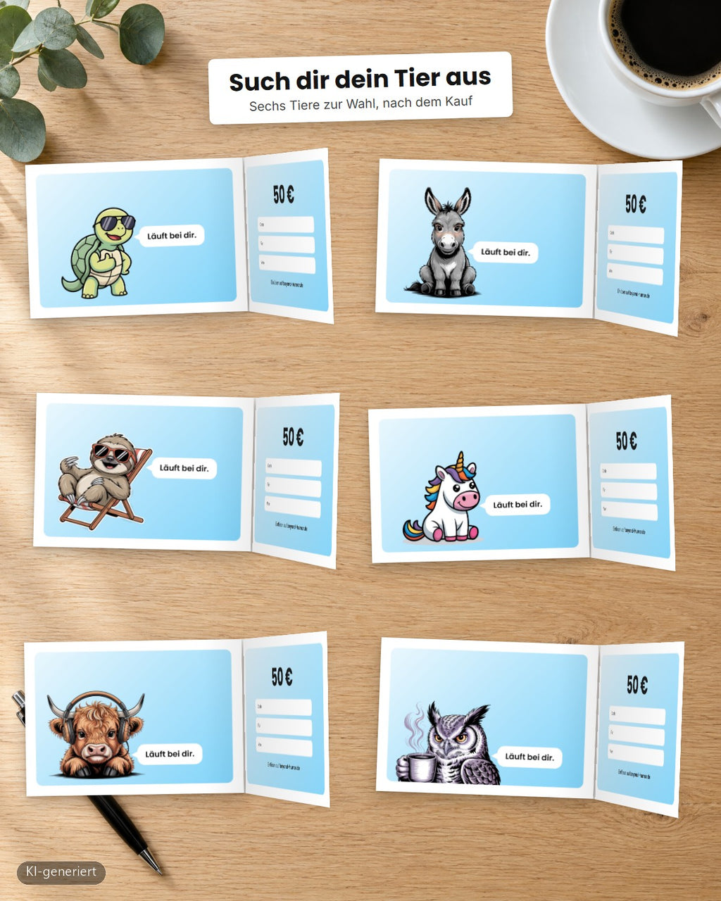 Geschenkgutschein Beyond Humor mit sechs Tieren zur Wahl: Schildkröte, Esel, Faultier, Einhorn, Hochlandrind, Eule