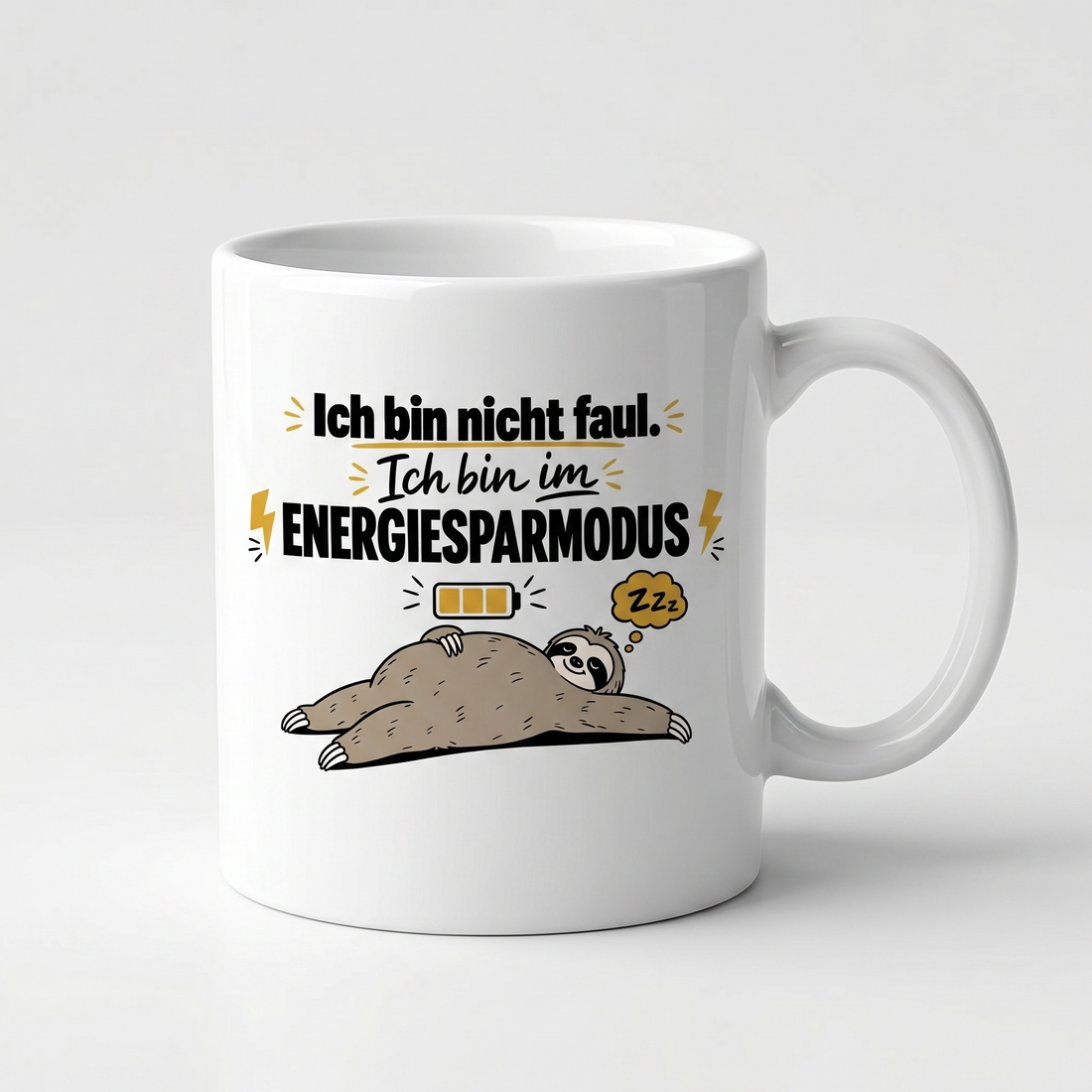 Lustige Tasse mit Spruch Teamarbeit, Henkel seitlich