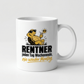 Lustige Tasse mit Spruch Rentner jeden Tag Wochenende nie wieder Montag, Henkel seitlich