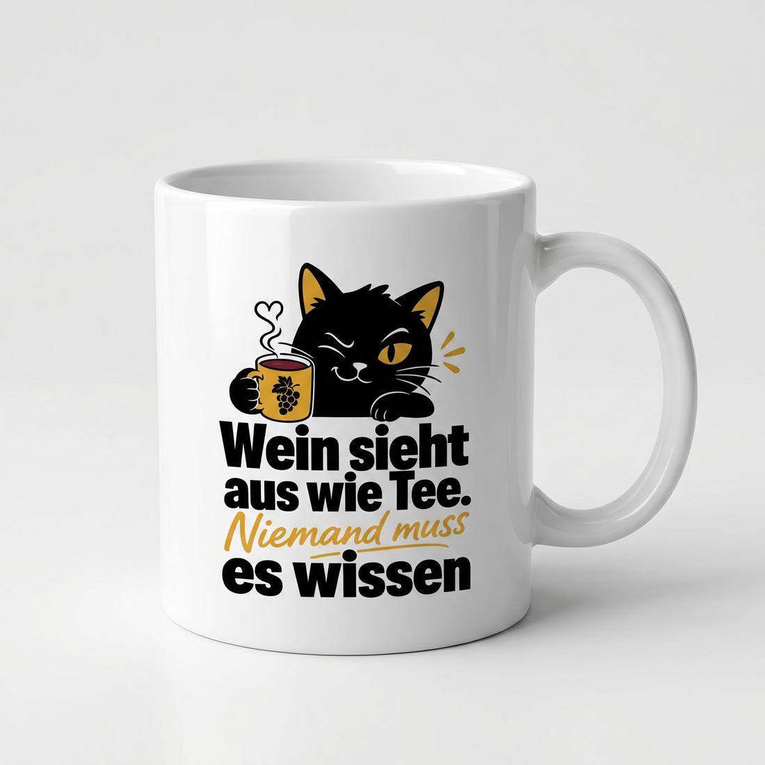 Lustige Tasse mit Spruch Wein sieht aus wie Tee niemand muss es wissen, Henkel seitlich