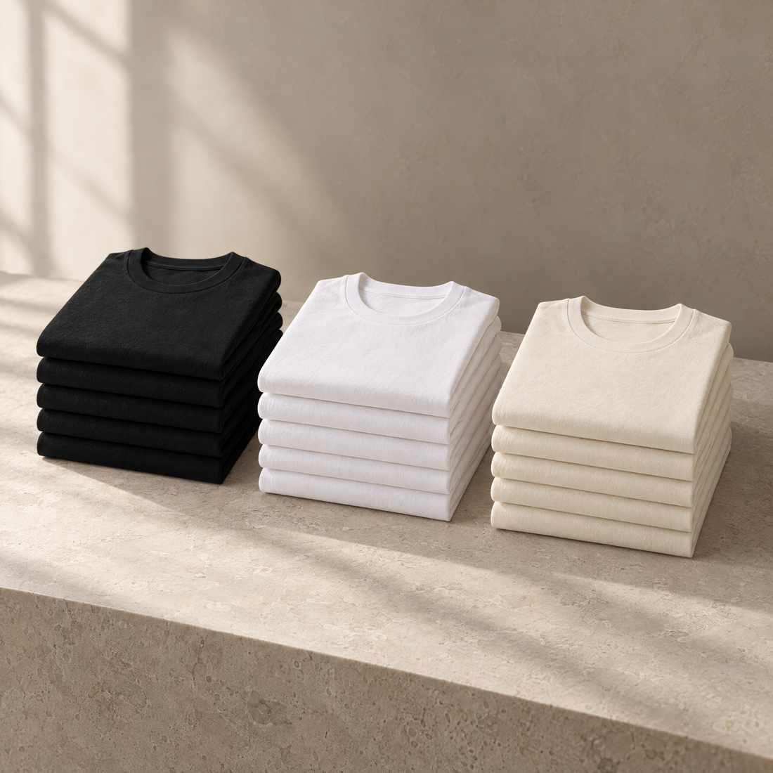 Basic T-Shirts aus Bio-Baumwolle im Set, gefaltete Stapel