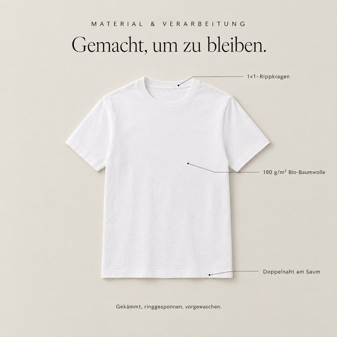 Material und Verarbeitung: Rippkragen, 180 g/m² Bio-Baumwolle, Doppelnaht