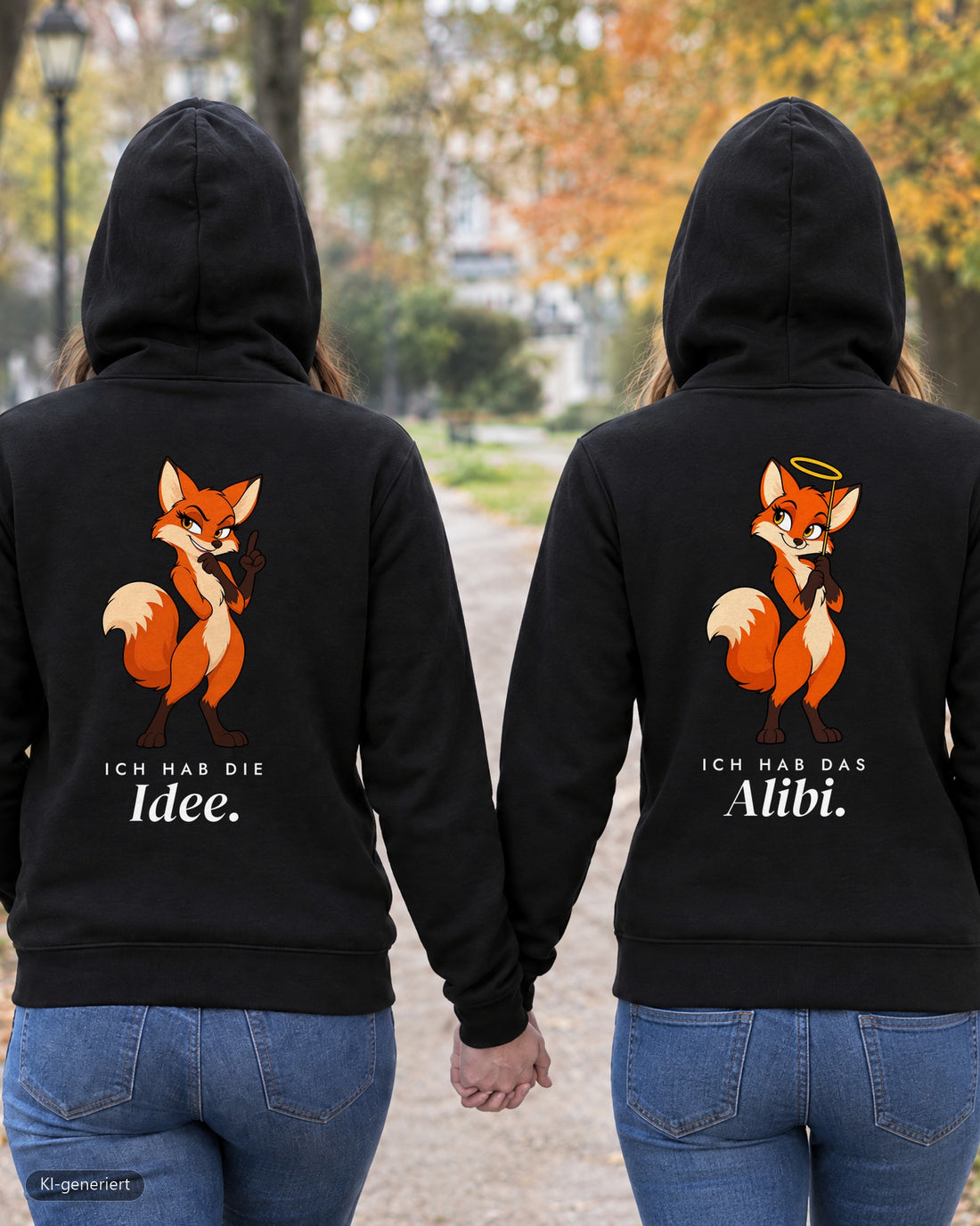 Zwei Freundinnen von hinten in passenden Hoodies „Ich hab die Idee / Ich hab das Alibi“ – KI-generiert