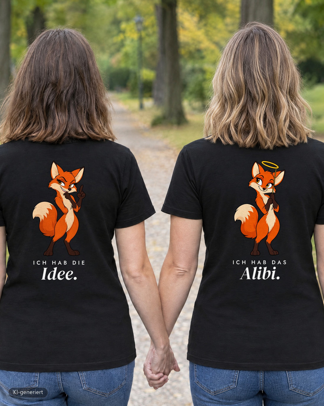 Zwei Freundinnen von hinten in passenden T-Shirts „Ich hab die Idee / Ich hab das Alibi“ – KI-generiert