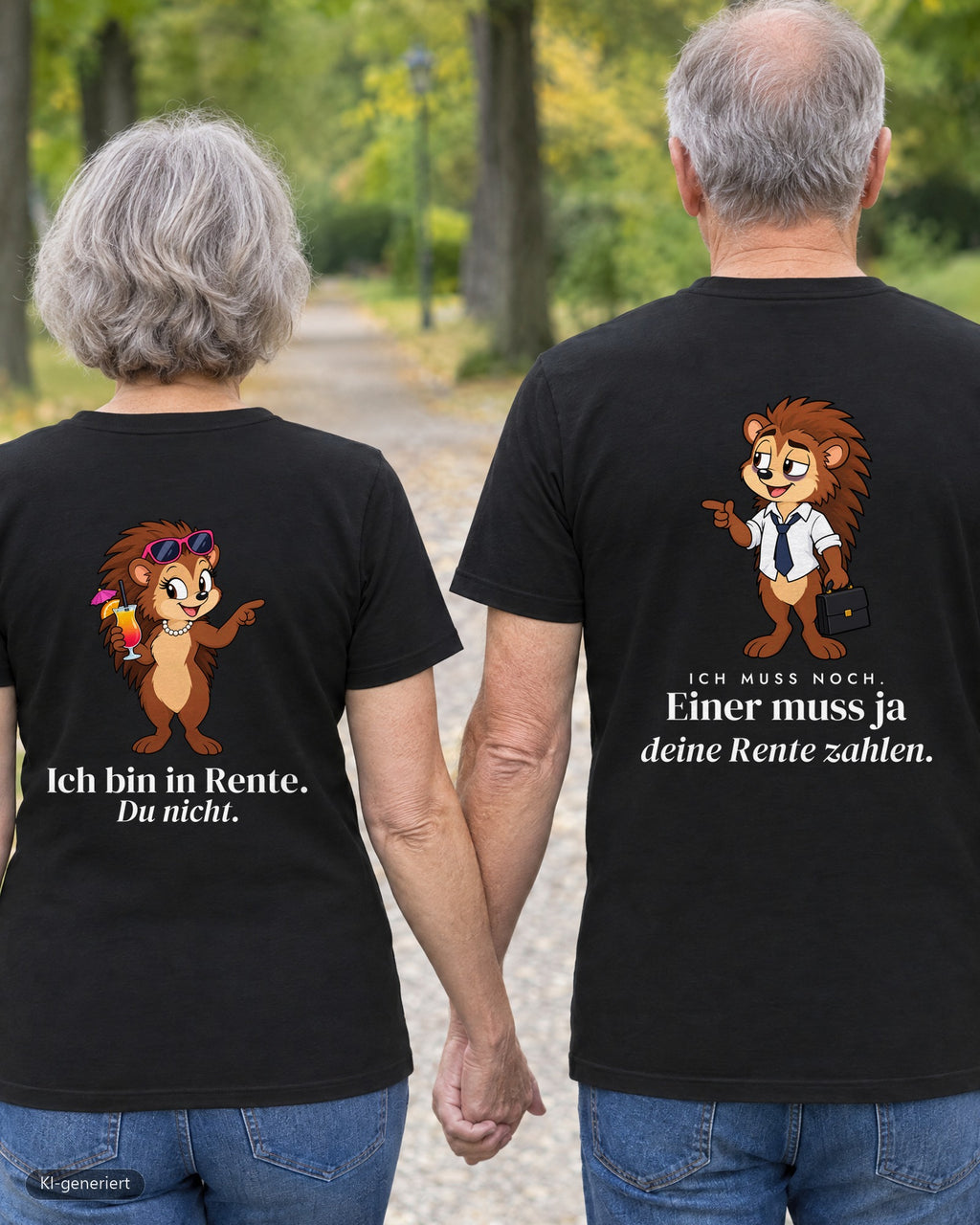 Rentnerpaar von hinten in passenden T-Shirts „Ich bin in Rente / Einer muss ja zahlen“ – KI-generiert