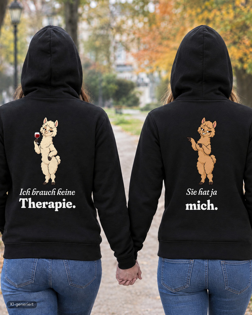 Zwei Freundinnen von hinten in passenden Hoodies „Ich brauch keine Therapie / Sie hat ja mich“ – KI-generiert