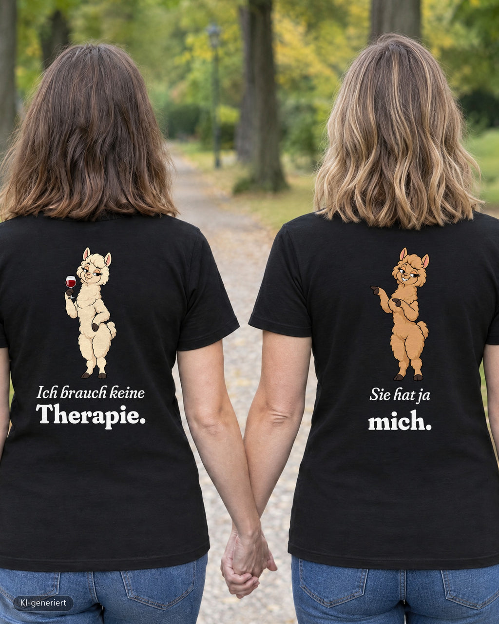 Zwei Freundinnen von hinten in passenden T-Shirts „Ich brauch keine Therapie / Sie hat ja mich“ – KI-generiert