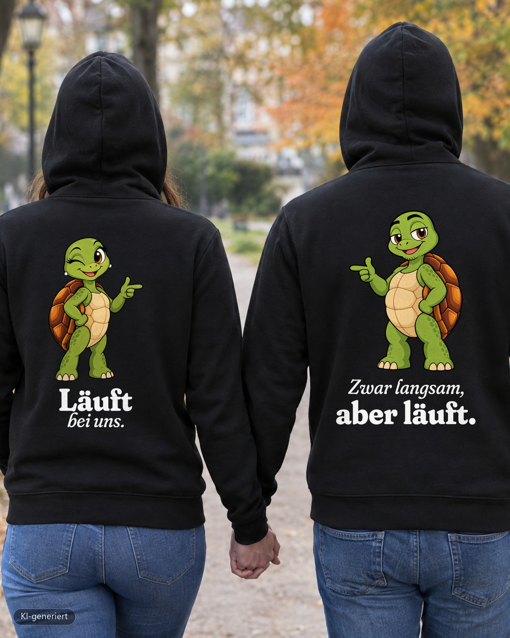 Läuft bei uns Partnerlook Hoodies: Paar von hinten im Park, Rückendruck auf beiden Hoodies