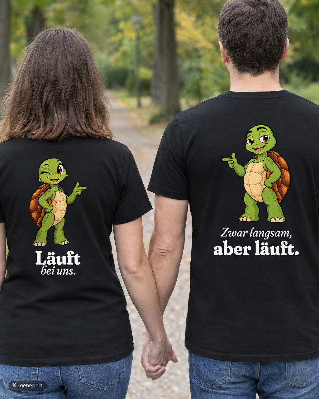 Läuft bei uns Partnerlook T-Shirts: Paar von hinten im Park, Rückendruck auf beiden Shirts