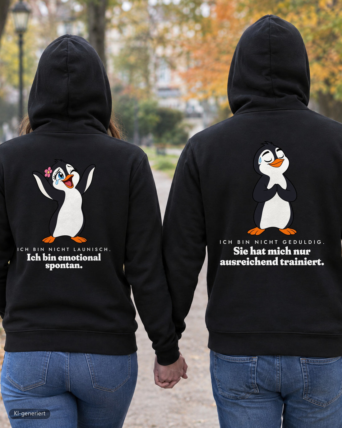 Nicht launisch, nur emotional Partnerlook Hoodies: Paar von hinten im Park, Rückendruck auf beiden Hoodies