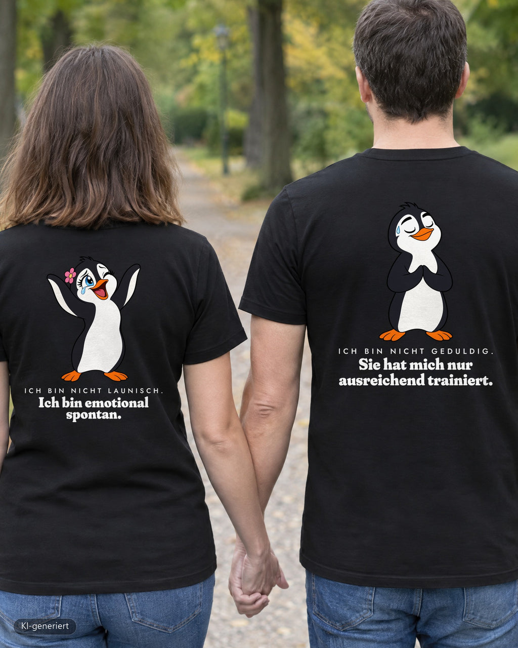 Nicht launisch, nur emotional Partnerlook T-Shirts: Paar von hinten im Park, Rückendruck auf beiden Shirts
