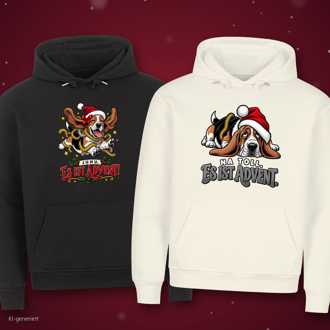 Juhu es ist Advent Partner Weihnachtshoodies - zwei Hoodies auf rotem Weihnachtshintergrund