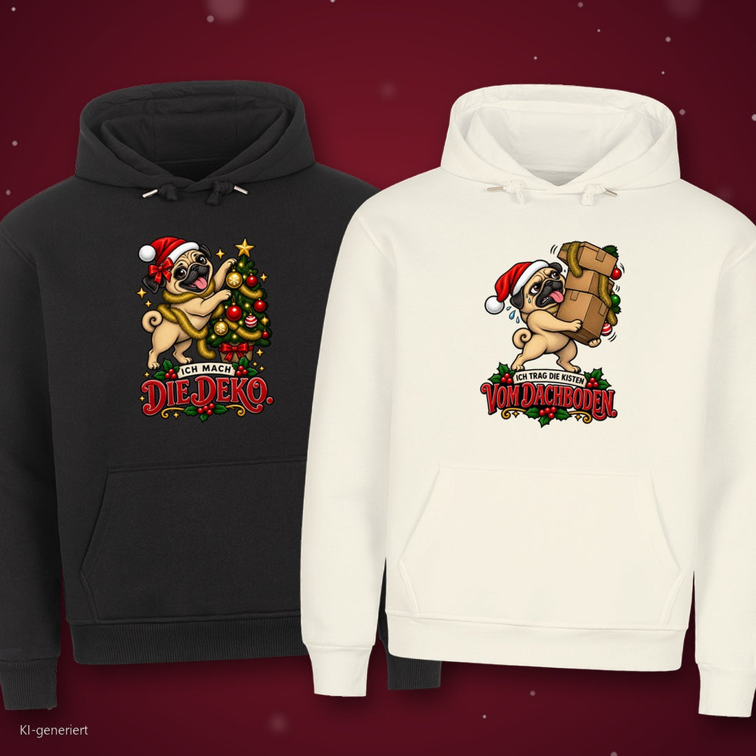 Ich mach die Deko Partner Weihnachtshoodies - zwei Hoodies auf rotem Weihnachtshintergrund