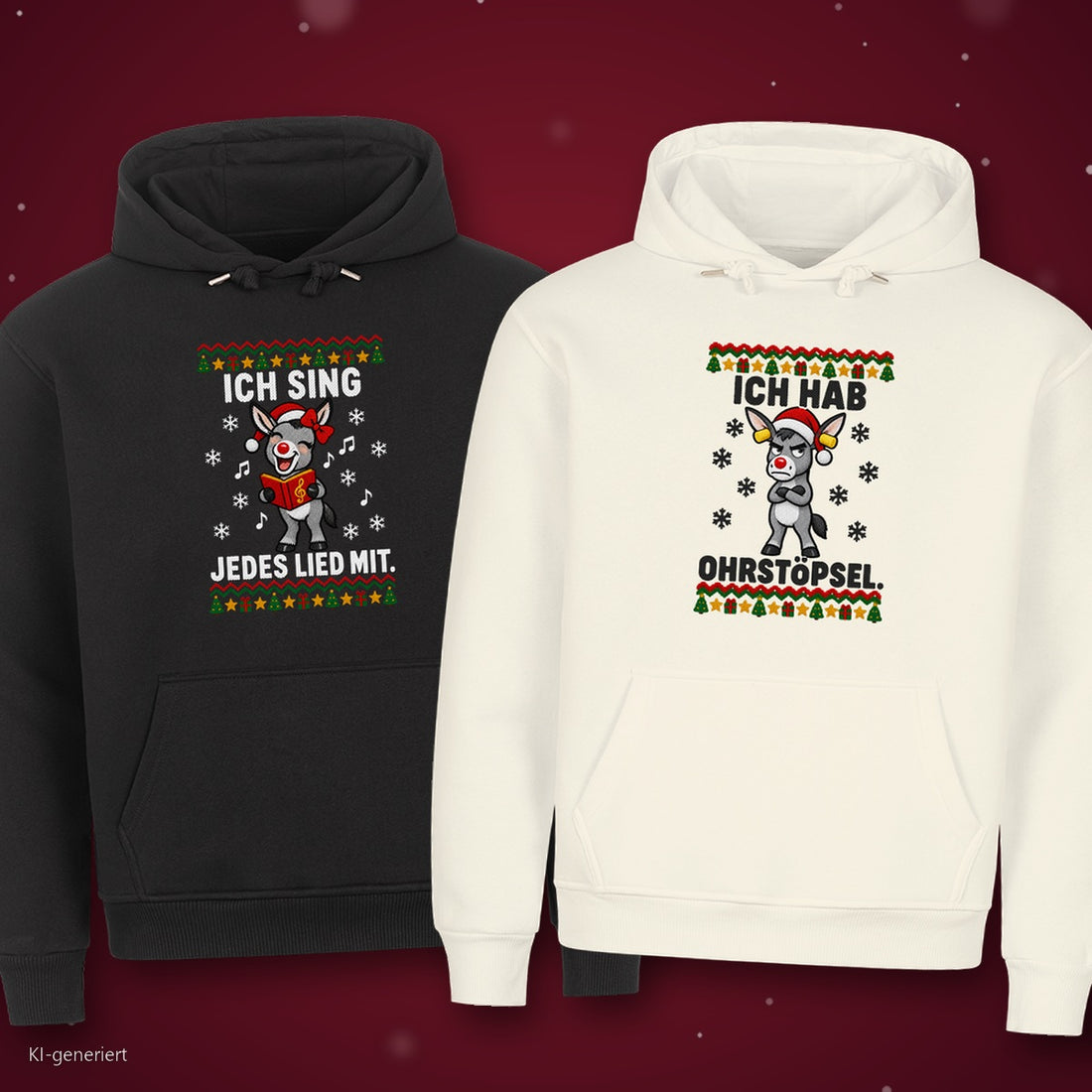 Ich sing jedes Lied mit Partner Weihnachtshoodies - zwei Hoodies auf rotem Weihnachtshintergrund