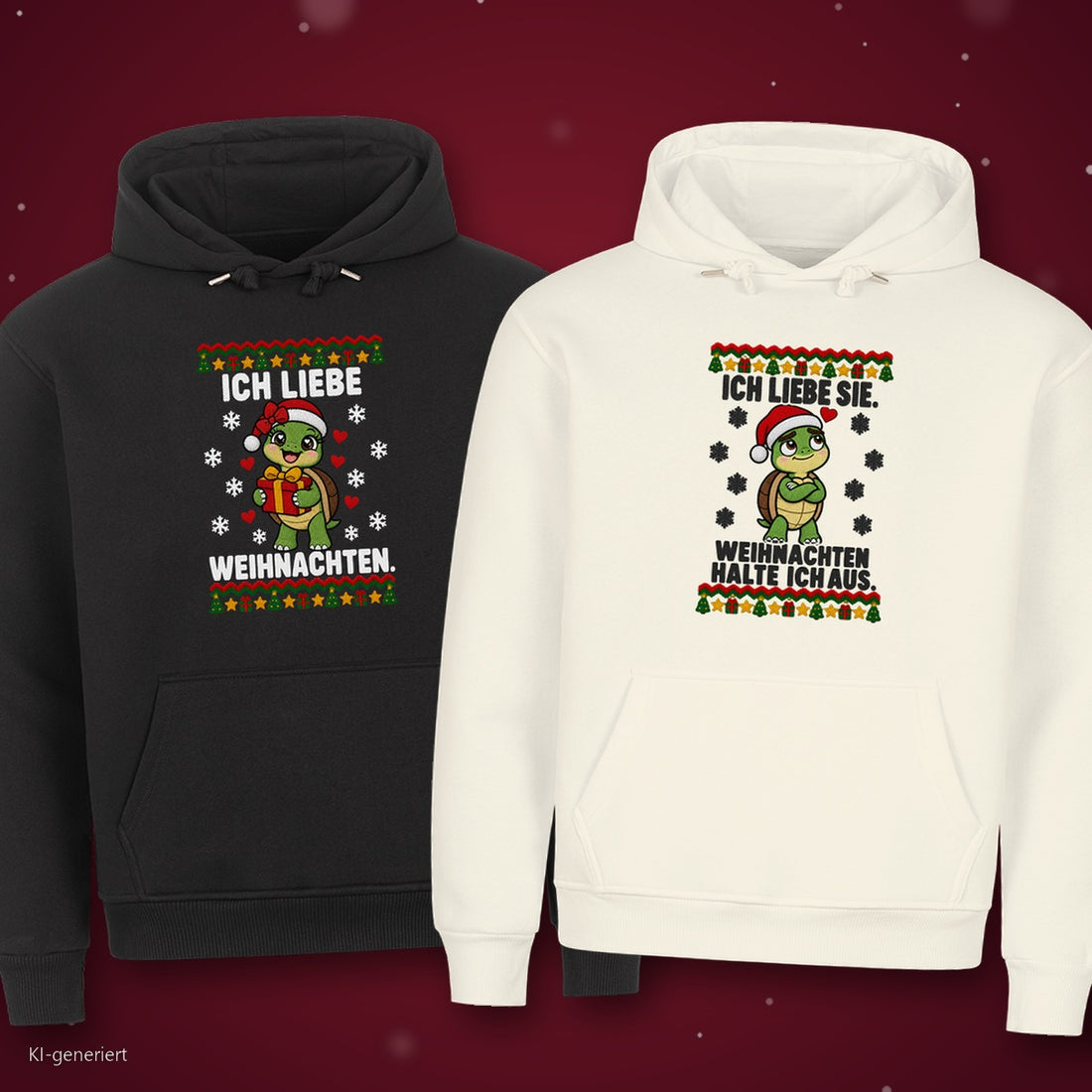 Ich liebe Weihnachten Partner Weihnachtshoodies - zwei Hoodies auf rotem Weihnachtshintergrund