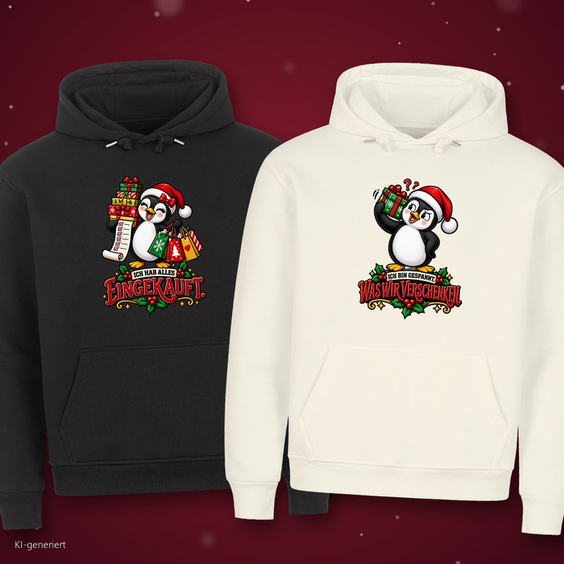 Ich hab alles eingekauft Comic Partner Weihnachtshoodies - zwei Hoodies auf rotem Weihnachtshintergrund