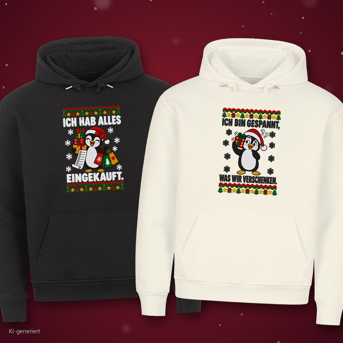 Ich hab alles eingekauft Partner Weihnachtshoodies - zwei Hoodies auf rotem Weihnachtshintergrund