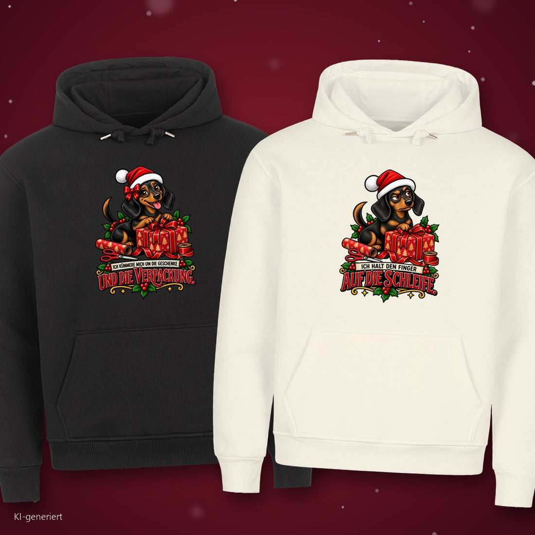 Ich kümmere mich um die Geschenke Partner Weihnachtshoodies - zwei Hoodies auf rotem Weihnachtshintergrund