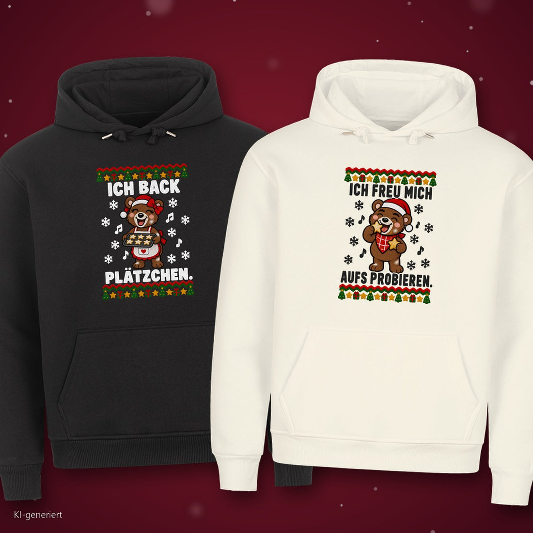 Ich back Plätzchen Partner Weihnachtshoodies - zwei Hoodies auf rotem Weihnachtshintergrund