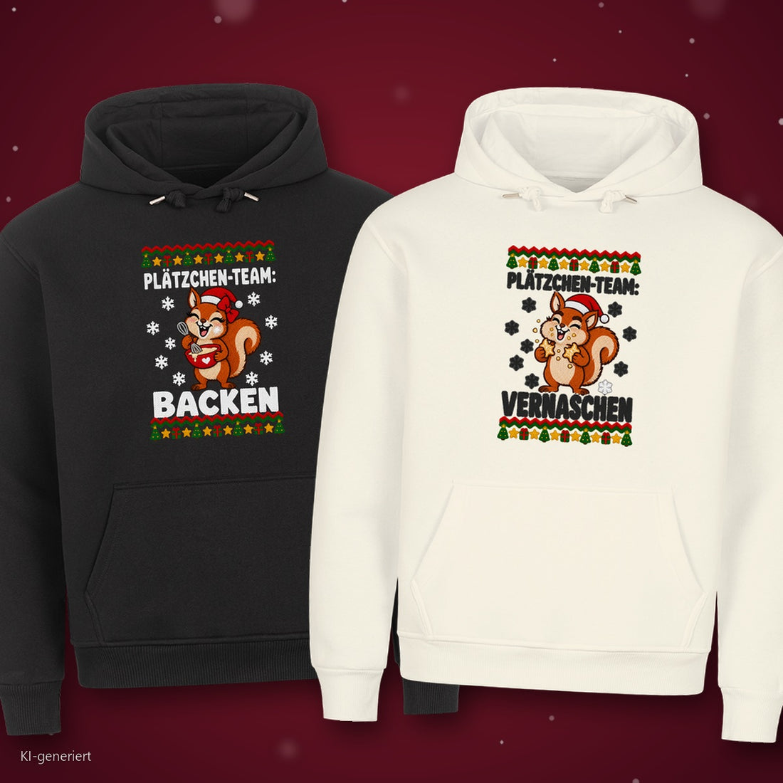 Plätzchen-Team Partner Weihnachtshoodies - zwei Hoodies auf rotem Weihnachtshintergrund