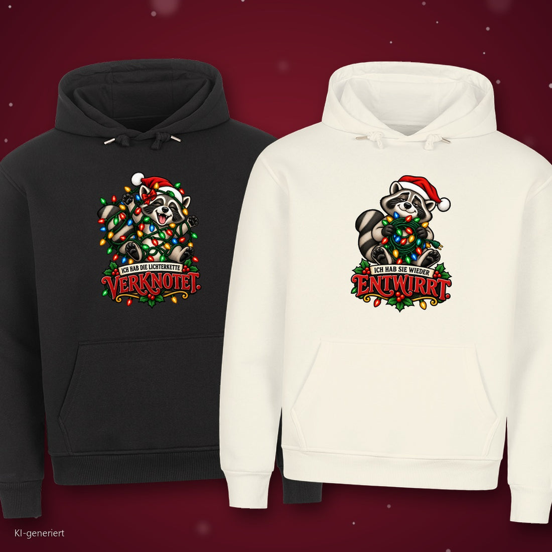 Ich hab die Lichterkette verknotet Partner Weihnachtshoodies - zwei Hoodies auf rotem Weihnachtshintergrund