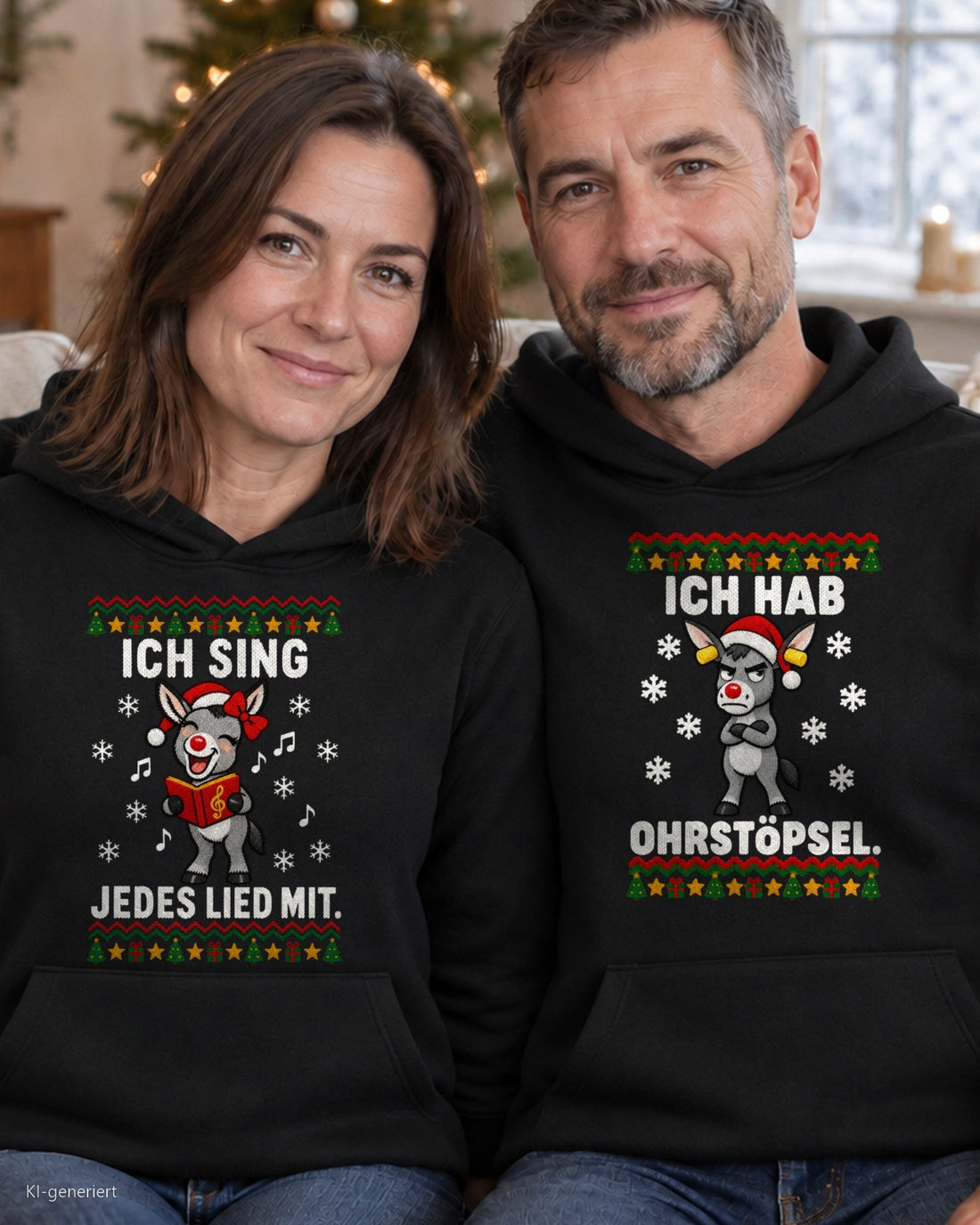 Ich sing jedes Lied mit Partner Weihnachtshoodies - Paar auf dem Sofa in schwarzen Hoodies