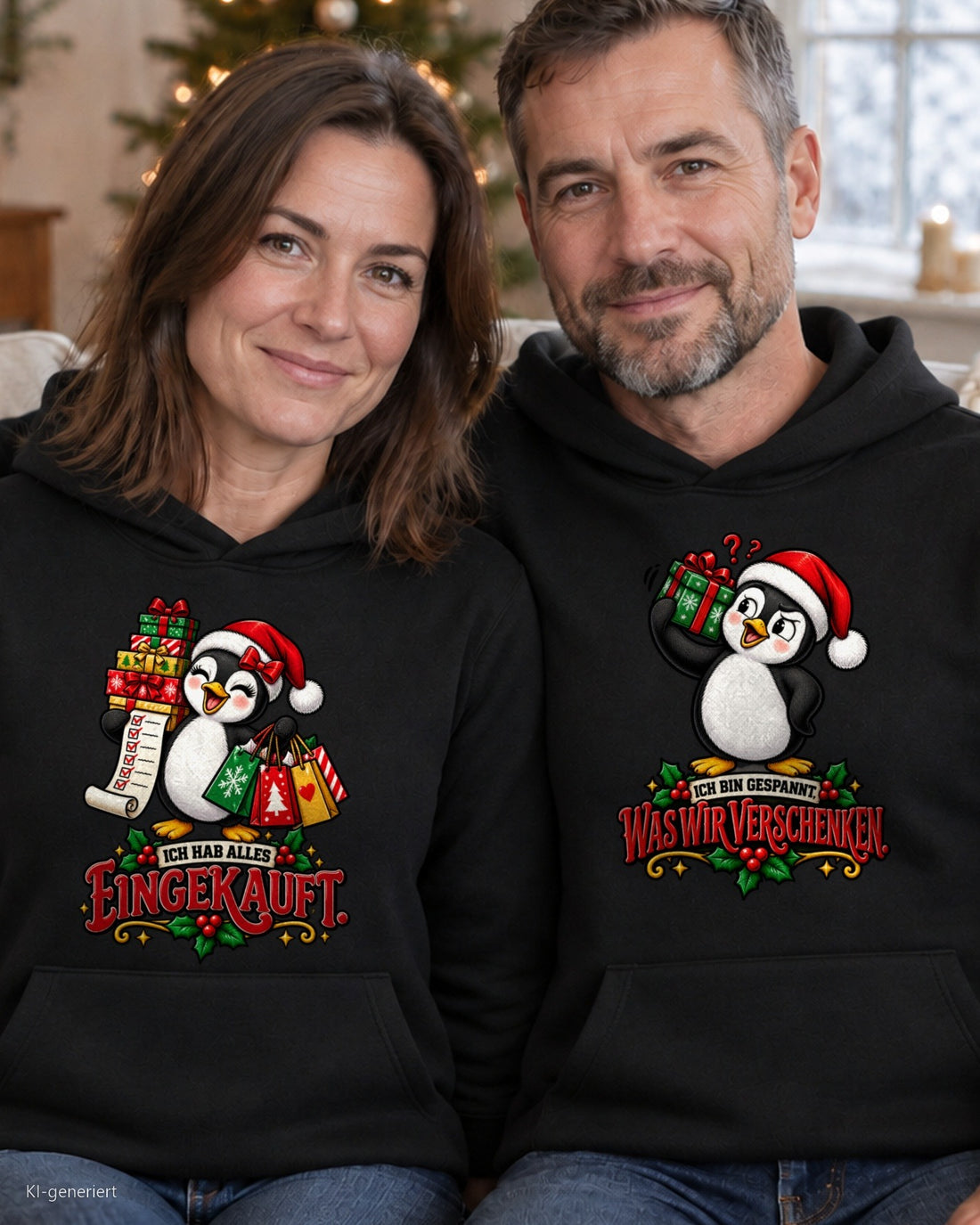 Ich hab alles eingekauft Comic Partner Weihnachtshoodies - Paar auf dem Sofa in schwarzen Hoodies