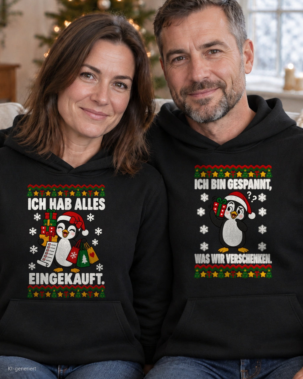 Ich hab alles eingekauft Partner Weihnachtshoodies - Paar auf dem Sofa in schwarzen Hoodies