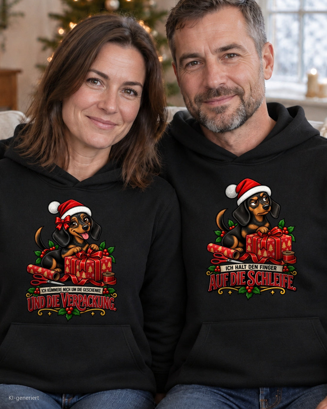 Ich kümmere mich um die Geschenke Partner Weihnachtshoodies - Paar auf dem Sofa in schwarzen Hoodies