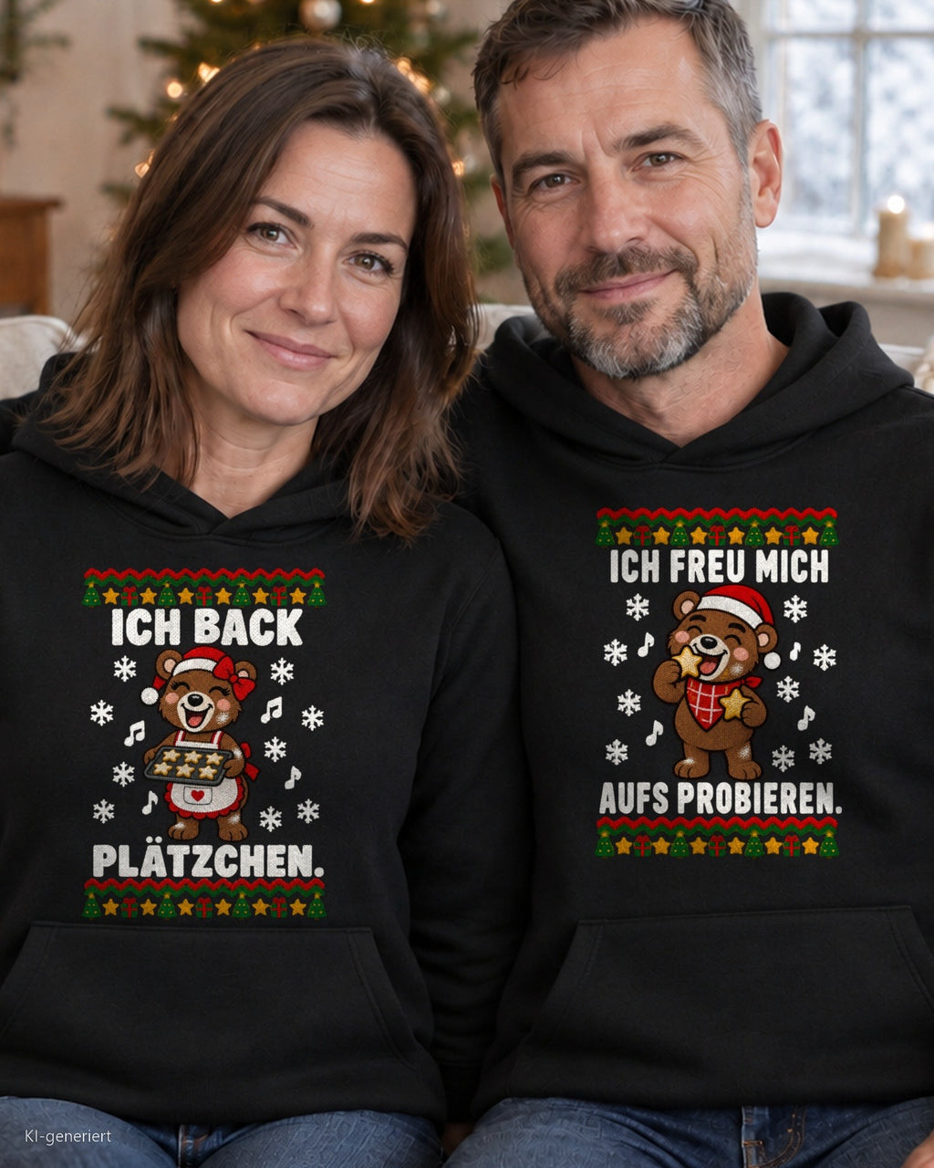 Ich back Plätzchen Partner Weihnachtshoodies - Paar auf dem Sofa in schwarzen Hoodies