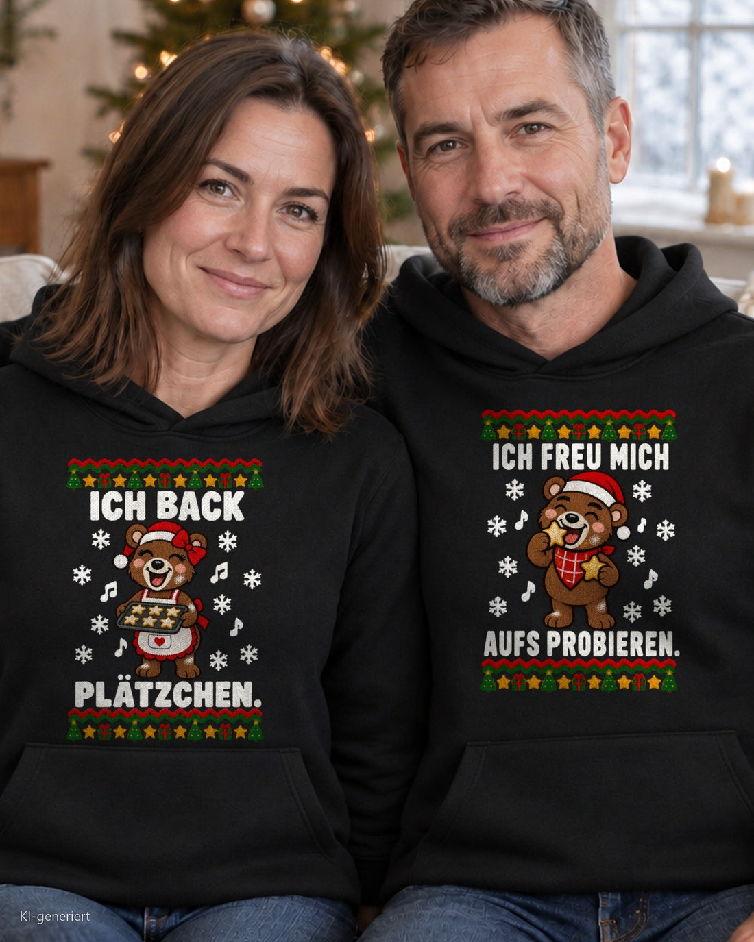 Ich back Plätzchen Partner Weihnachtshoodies - Paar auf dem Sofa in schwarzen Hoodies