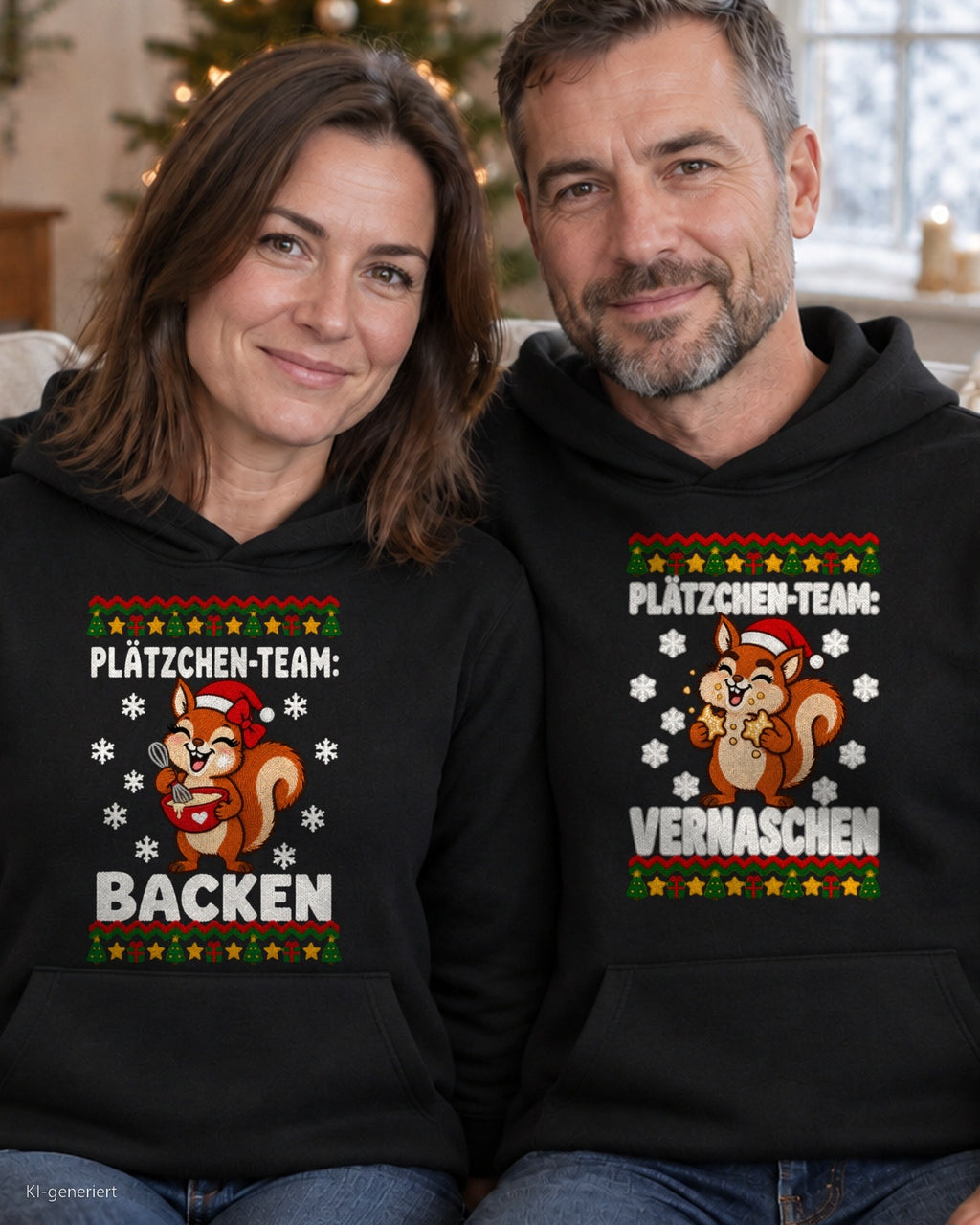 Plätzchen-Team Partner Weihnachtshoodies - Paar auf dem Sofa in schwarzen Hoodies