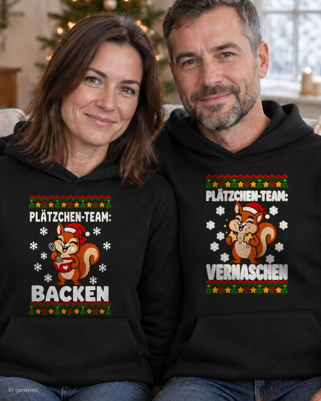Plätzchen-Team Partner Weihnachtshoodies - Paar auf dem Sofa in schwarzen Hoodies
