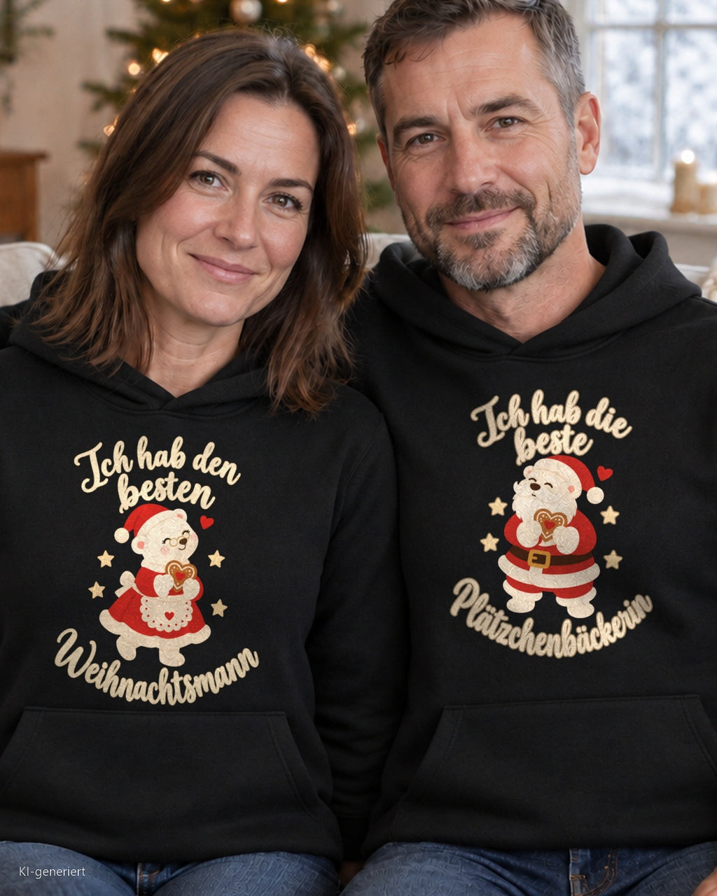Ich hab den besten Weihnachtsmann Partner Weihnachtshoodies - Paar auf dem Sofa in schwarzen Hoodies