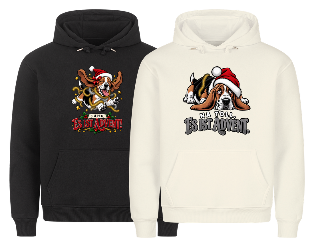 Juhu es ist Advent Partner Weihnachtshoodies - zwei Hoodies nebeneinander, freigestellt