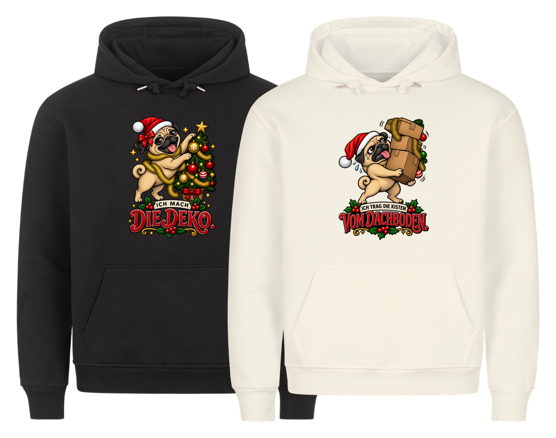 Ich mach die Deko Partner Weihnachtshoodies - zwei Hoodies nebeneinander, freigestellt