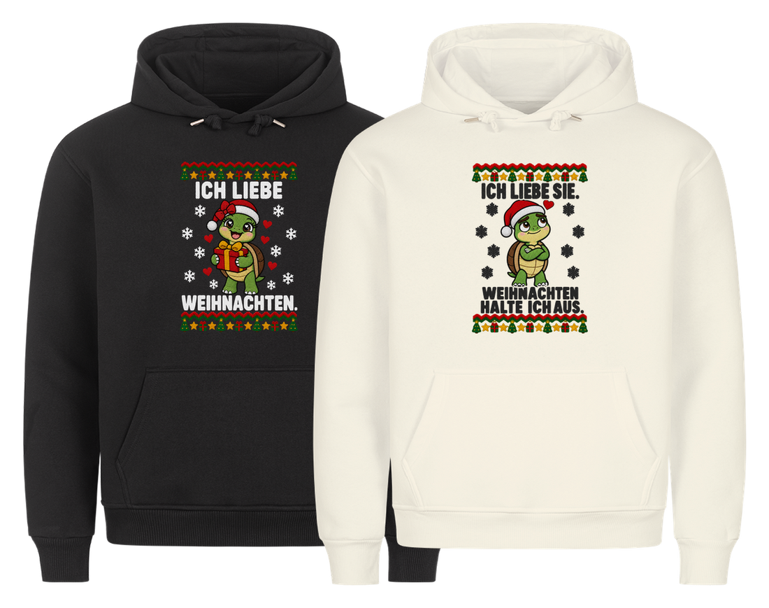 Ich liebe Weihnachten Partner Weihnachtshoodies - zwei Hoodies nebeneinander, freigestellt