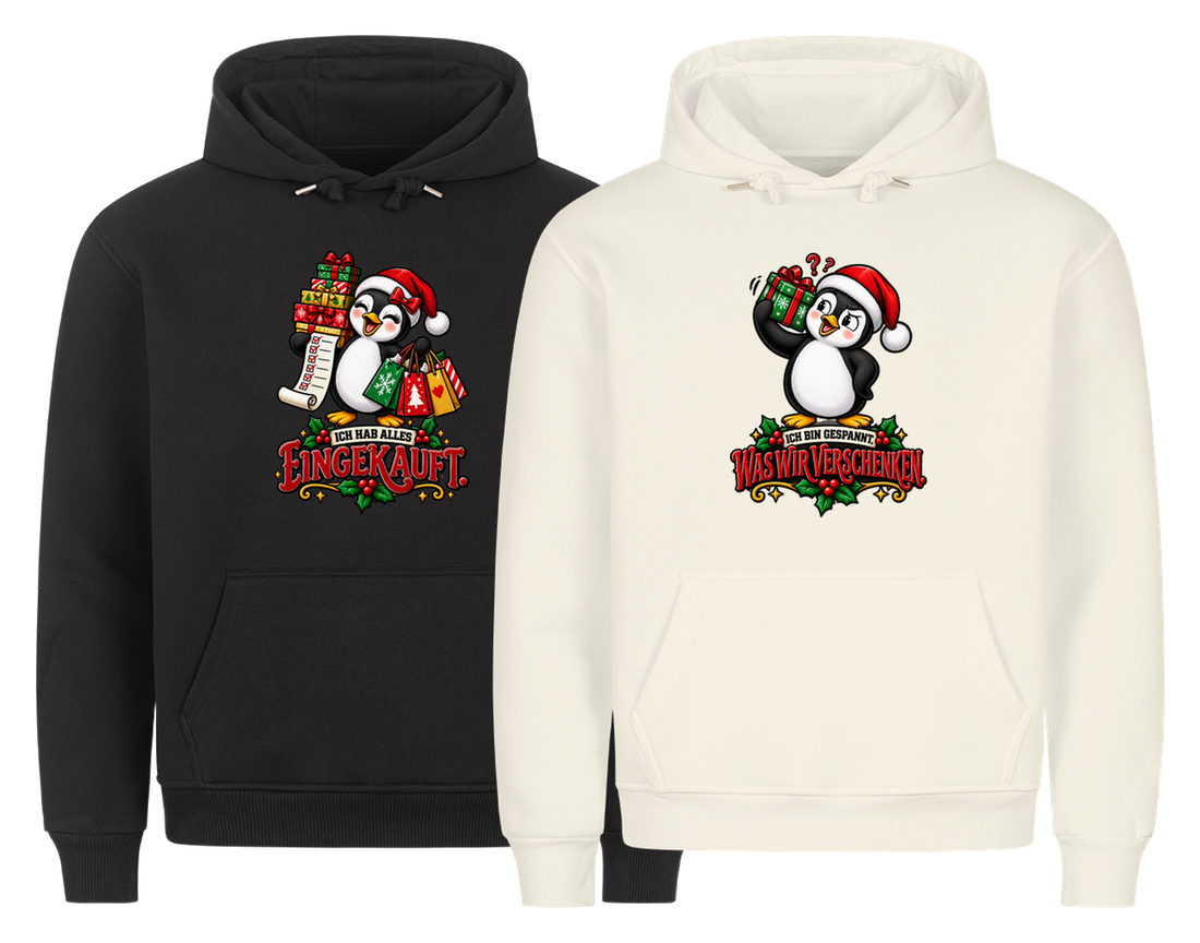 Ich hab alles eingekauft Comic Partner Weihnachtshoodies - zwei Hoodies nebeneinander, freigestellt