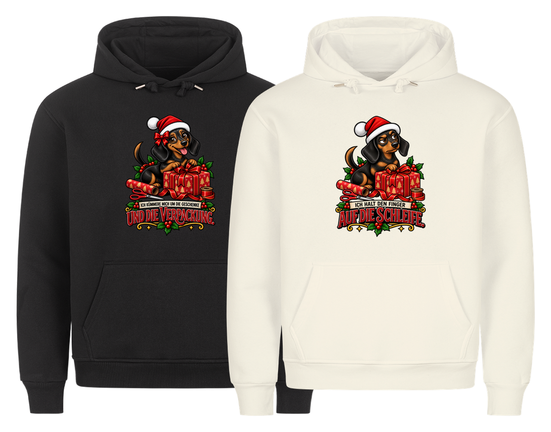 Ich kümmere mich um die Geschenke Partner Weihnachtshoodies - zwei Hoodies nebeneinander, freigestellt